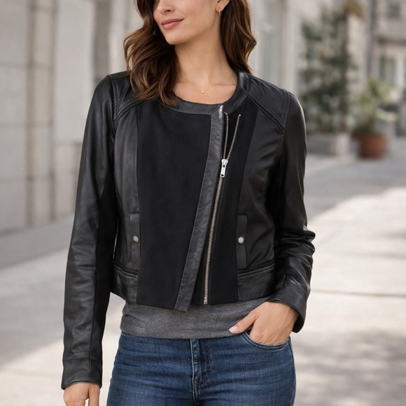 elevenses Jackets & Blazers - Elevenses Leather Moto Jacket Women 2 Blck Mixed Media Asymmetric Zip Minimalist